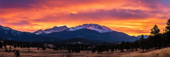 Majestic mountain peaks glow at sunrise with vibrant colors over a serene landscape. Generative AI