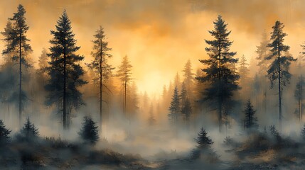 Obraz premium Misty sunrise forest path, scenic landscape, nature art, peaceful background