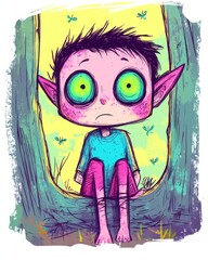 Obraz premium A lonely elf in the woods with dark, torn clothing and glowing green eyes. The elf is surrounded by magical fireflies.