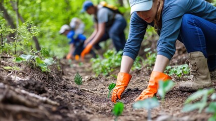 Naklejka premium A group of people are planting trees in a forest