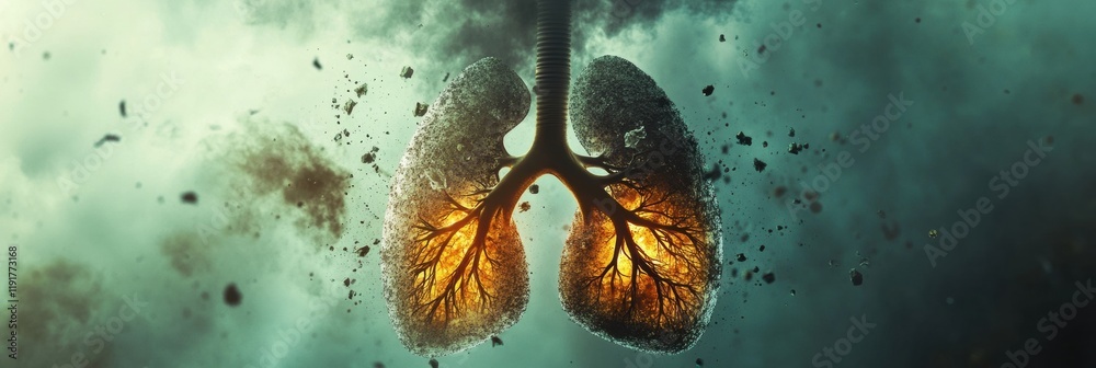 Poster realistic lungs in a polluted environment surrounded by smog and dust particles conveying the impact