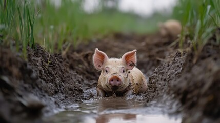 Piglet enjoys playful moments in a muddy field on a rainy day in the countryside