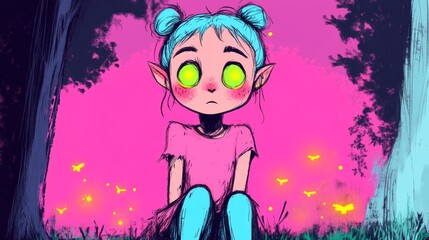 Obraz premium A lonely woman elf with torn clothes and glowing green eyes sitting in an overgrown forest surrounded by magical fireflies.