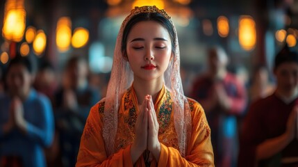 Obraz premium A serene and meditative moment captured in a cultural setting where a woman in traditional attire reflects inner peace and spiritual devotion.