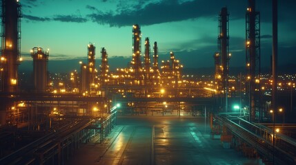Fototapeta premium Illuminated Nighttime Industrial Refinery Complex Oil and Gas Processing Plant