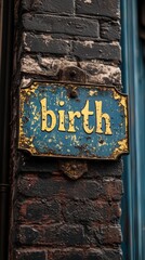 A weathered vintage metal sign with the word "birth" embossed in yellow against a chipped blue background on an old brick wall.