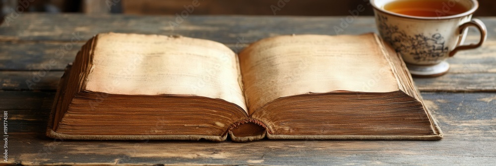 Poster open book rests on cozy wooden table with a steaming cup of tea nearby in a relaxed reading nook. ge