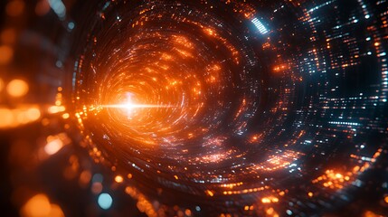 Futuristic orange tunnel, digital data stream, background bokeh, vibrant light, tech background