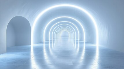 Futuristic minimalist interior with glowing arches and smooth reflective floor creating an ethereal and serene atmosphere in a softly illuminated corridor