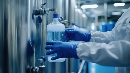 A person wearing a white lab coat is holding a bottle of water