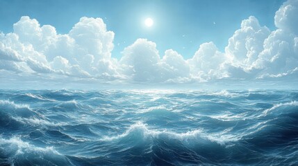Lush Ocean Waves Under a Bright Sunlit Sky with Fluffy Clouds and Gentle Ripples Creating a Serene and Tranquil Seascape in the Midday Light