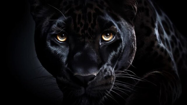 Black panther looks into the frame and breathes