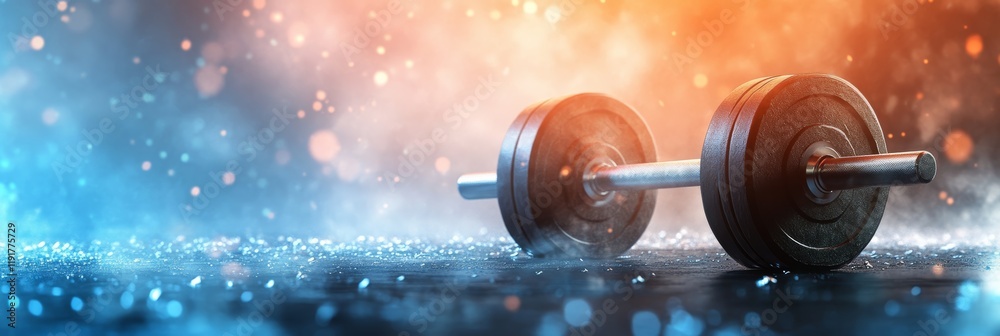 Poster heavy barbell lying on the floor in dramatic lighting, creating a powerful image representing fitnes