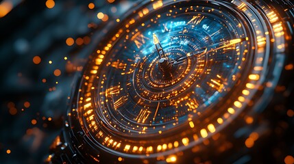 Futuristic clock face glowing, particles, dark background, time concept
