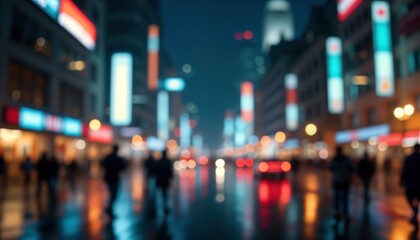 Fototapeta premium Cityscapes at night show urban life. Busy street with many people walking. Buildings bright lights. Nighttime city scene. People walking on street. Abstract urban background. Retro colors. Blurred