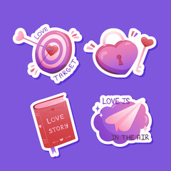 Four Valentines Day stickers featuring a love target, heart shaped lock, love story book, and paper airplane