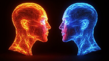 Fototapeta premium Abstract Digital Art Two Glowing Heads Facing Each Other Red and Blue Energy