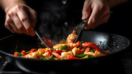 Chef preparing delicious shrimp stir fry with vegetables
