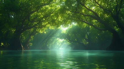 Obraz premium Sunlit river path through lush green mangrove forest