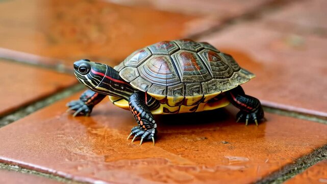 Small turtle ambles across a tile floor, its shell glinting in the ambient light, Ai Generated.