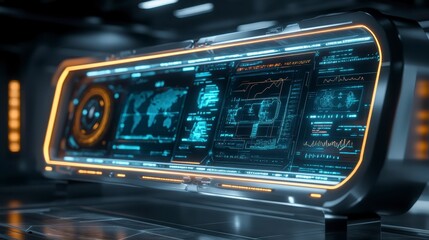 Futuristic Sci Fi Control Panel with World Map and Data Streams Display