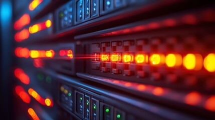 Naklejka premium High Speed Data Transfer Illuminated Server Rack with Active Network Connections
