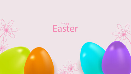 Happy easter 3d Colorful eggs banner design. Floral pattern. For Social Media web packaging and advertising. Template postcard invitation poster. Vector illustration.