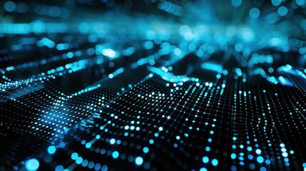 A digital landscape of glowing blue and cyan dots, representing data and technology.