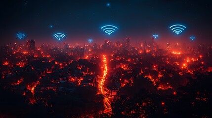 Night city wifi connection aerial futuristic cityscape