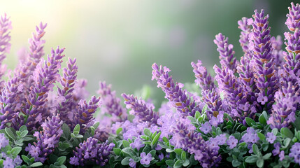 Obraz premium Close-up view of vibrant purple lavender flowers in full bloom, bathed in soft sunlight, creating a serene and peaceful natural scene.