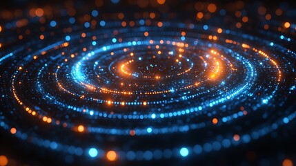 Abstract swirling blue orange light circles, dark background, digital art, website banner