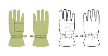 Ski Gloves Igloos Insulated Core olive green cartoon and flat mockup sketch Fashion hand accessory clothing technical illustration garment. Vector for Men, women, unisex style template CAD on white