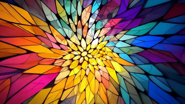 Vivid colors of stained glass mosaic window form a captivating geometric pattern, Ai Generated.
