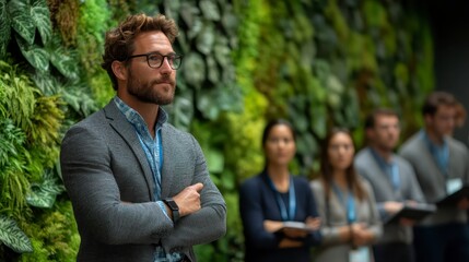 Fototapeta premium Confident Businessman with Arms Crossed Green Wall Background Thoughtful Professional