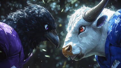 Two fierce creatures face off in a vibrant forest during an epic confrontation. Generative AI