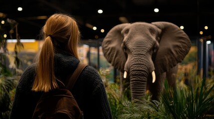Young Woman with Backpack Observing a Large Elephant Exhibit in a Museum