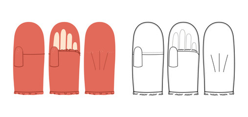 Igloo Mitten Gloves Wrist length orange red cartoon and flat mockup sketch Fashion hand accessory clothing technical illustration garment. Vector front palm back view for Men, women style CAD on white