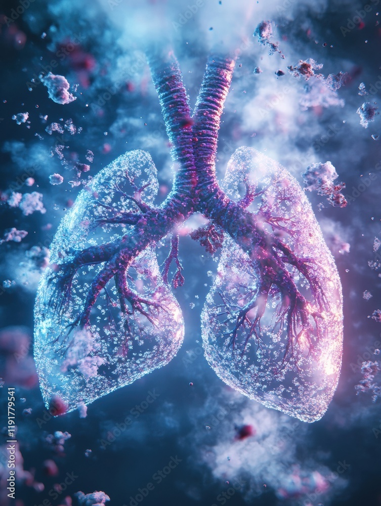 Aufkleber Realistic depiction of lungs surrounded by smog and dust particles highlighting environmental pollution effects. Generative AI