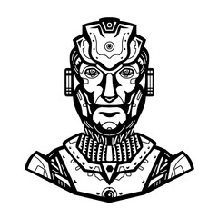 Mascot illustration of head of a male humanoid robot cyborg viewed from front on isolated background in black and white retro style.