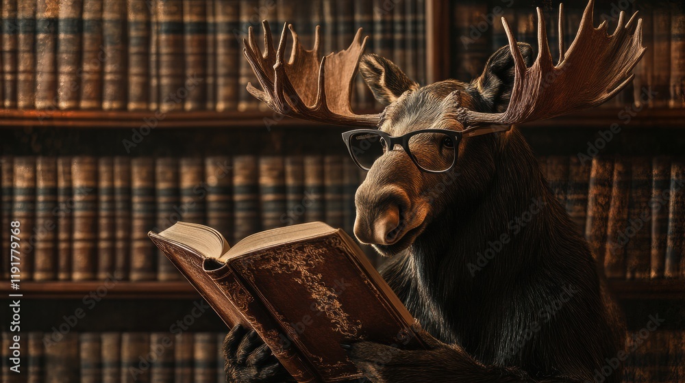 Poster moose reading a book while wearing glasses in a vintage library filled with books and wooden shelves