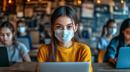 Focused Young Woman Wearing a Face Mask Works on Laptop in a Cafe Studying or Working Remotely