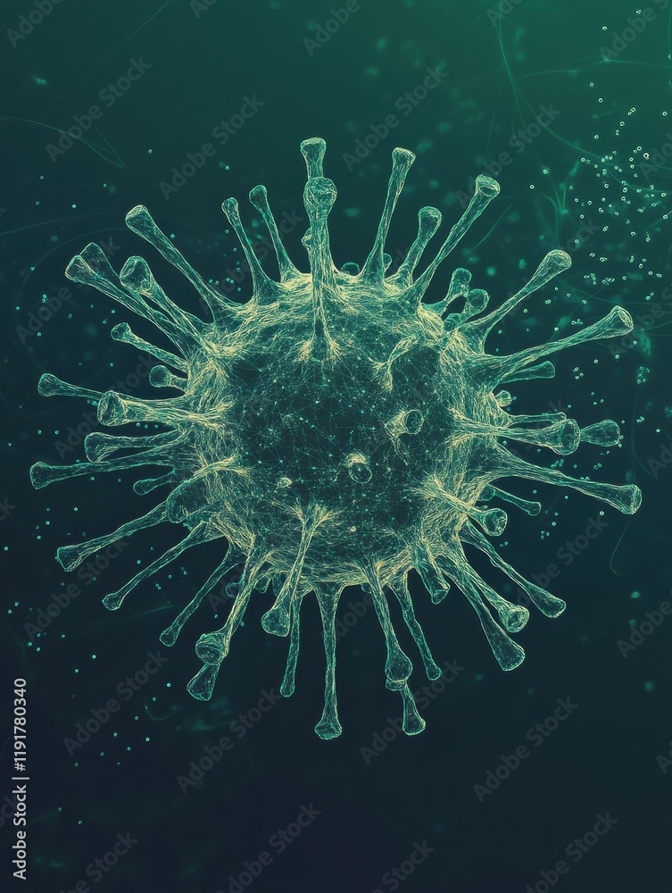 Fototapete Graphical representation of a virus with minimalistic features and intricate details on a green background. Generative AI