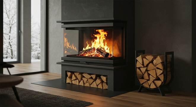 Fototapeta Photo of a fire in a modern burning stove next to a wood logs rack, contemporary home log burner or fireplace, renewable energy heating in winter