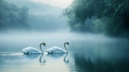 Obraz premium Serene Swans on Misty Lake at Dawn Tranquil Nature Scene Wildlife Photography