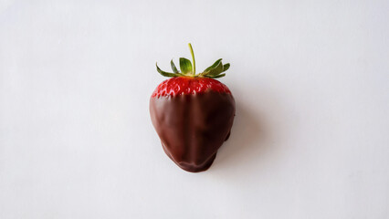 Strawberry Chocolate Coated: A simple yet striking photo of a single, glossy strawberry dipped in rich chocolate placed against a clean white background