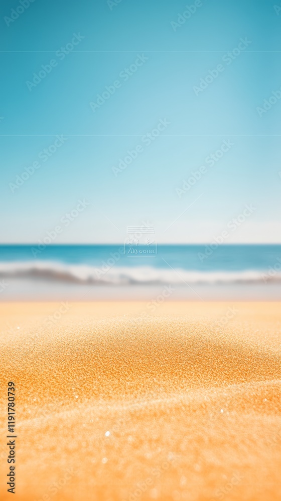 Poster blurred ocean waves gently rolling onto the shore on a sunny summer day, creating a tranquil and inv