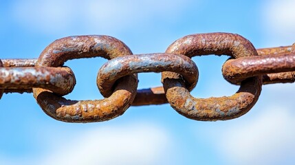 Obraz premium Close up of Rusty Chain Links Against a Blue Sky Background