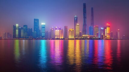 Stunning Night Panorama of Shanghai Skyline Illuminated Skyscrapers Reflecting on Water