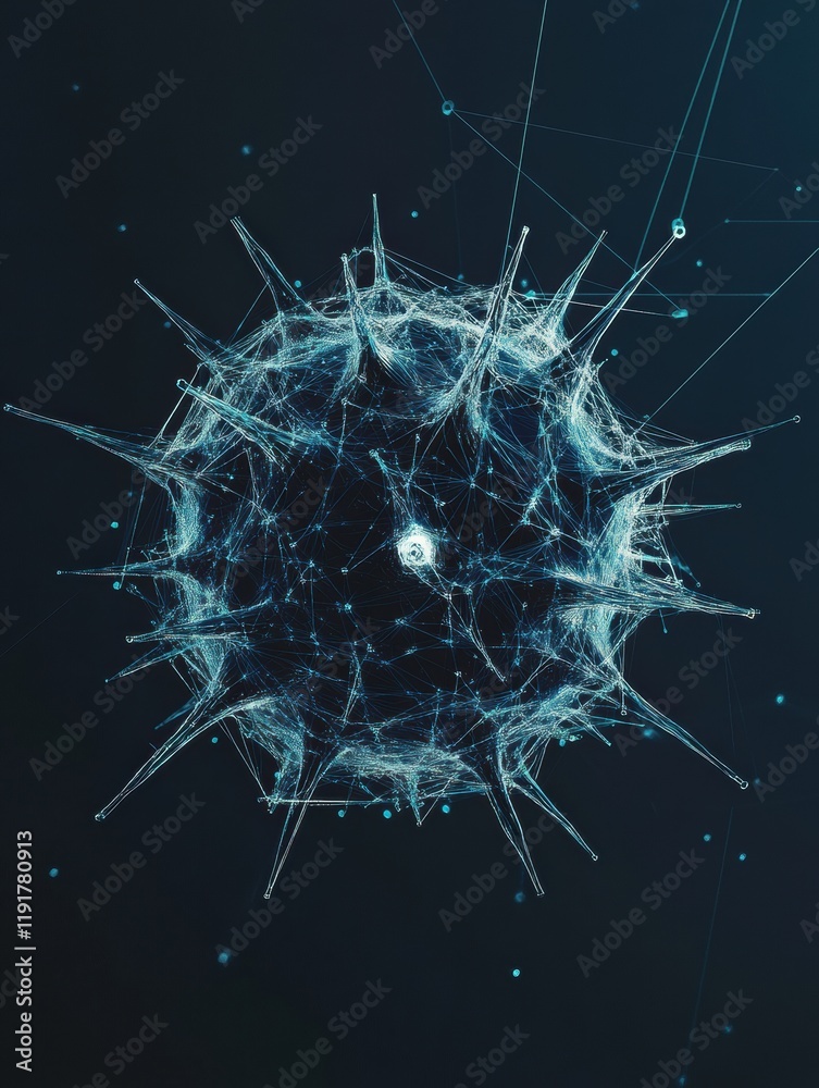 Poster Minimalistic and graphical representation of a virus with intricate detailing against a dark backdrop. Generative AI