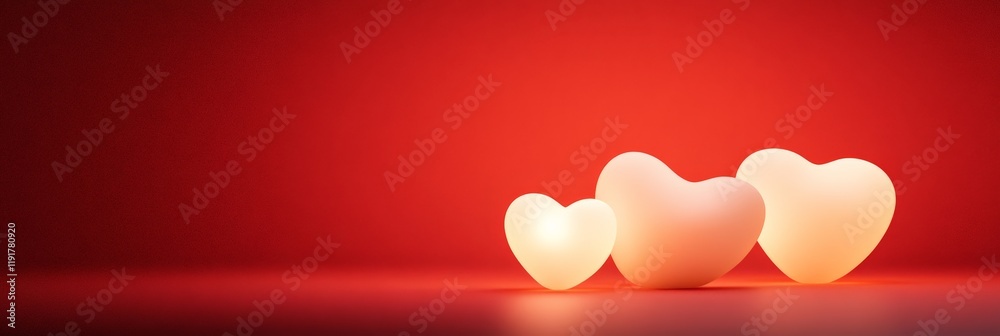 Poster Three illuminated hearts of different sizes stand on a vibrant red surface, creating a warm and romantic atmosphere perfect for valentine's day, mother's day, or expressing love and affection